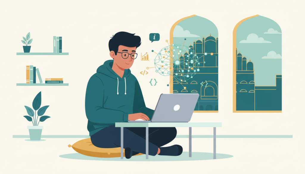 Illustration of a student learning an AI course in Jaipur on a laptop, with neural network graphics and the Hawa Mahal in the background