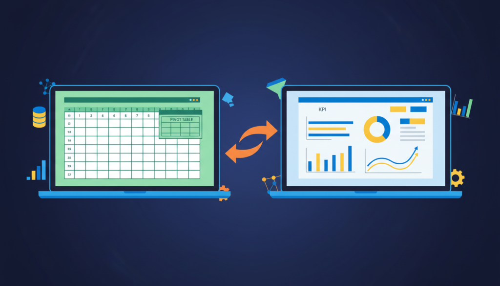 Illustration comparing an Excel spreadsheet with a Power BI dashboard, with an arrow showing the learning path from Excel to Power BI