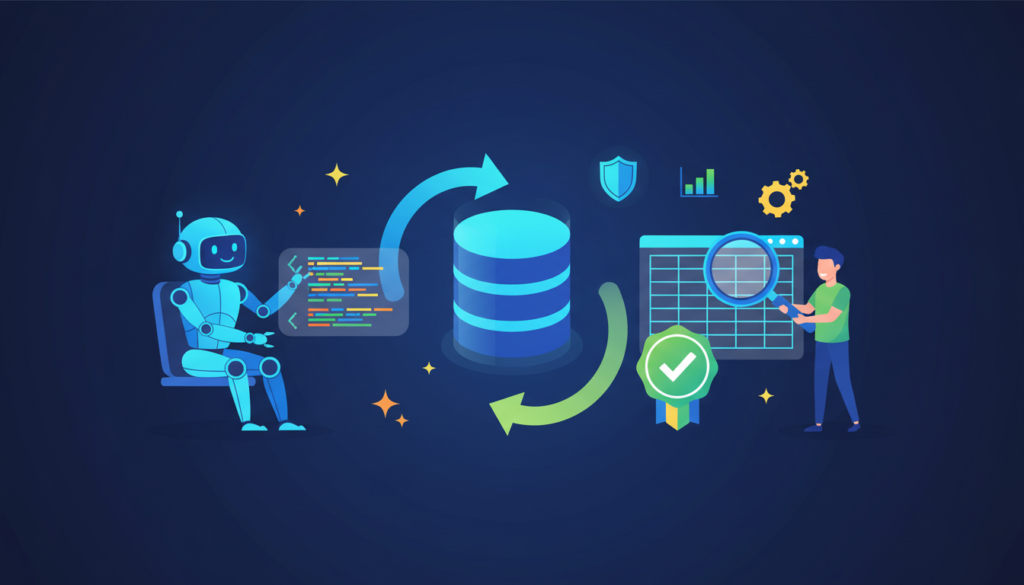Illustration of an AI assistant generating SQL code for a database while a data analyst validates the result table with a magnifying glass and check mark