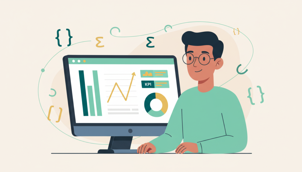 Illustration of a data analyst building a Power BI style dashboard with DAX formulas
